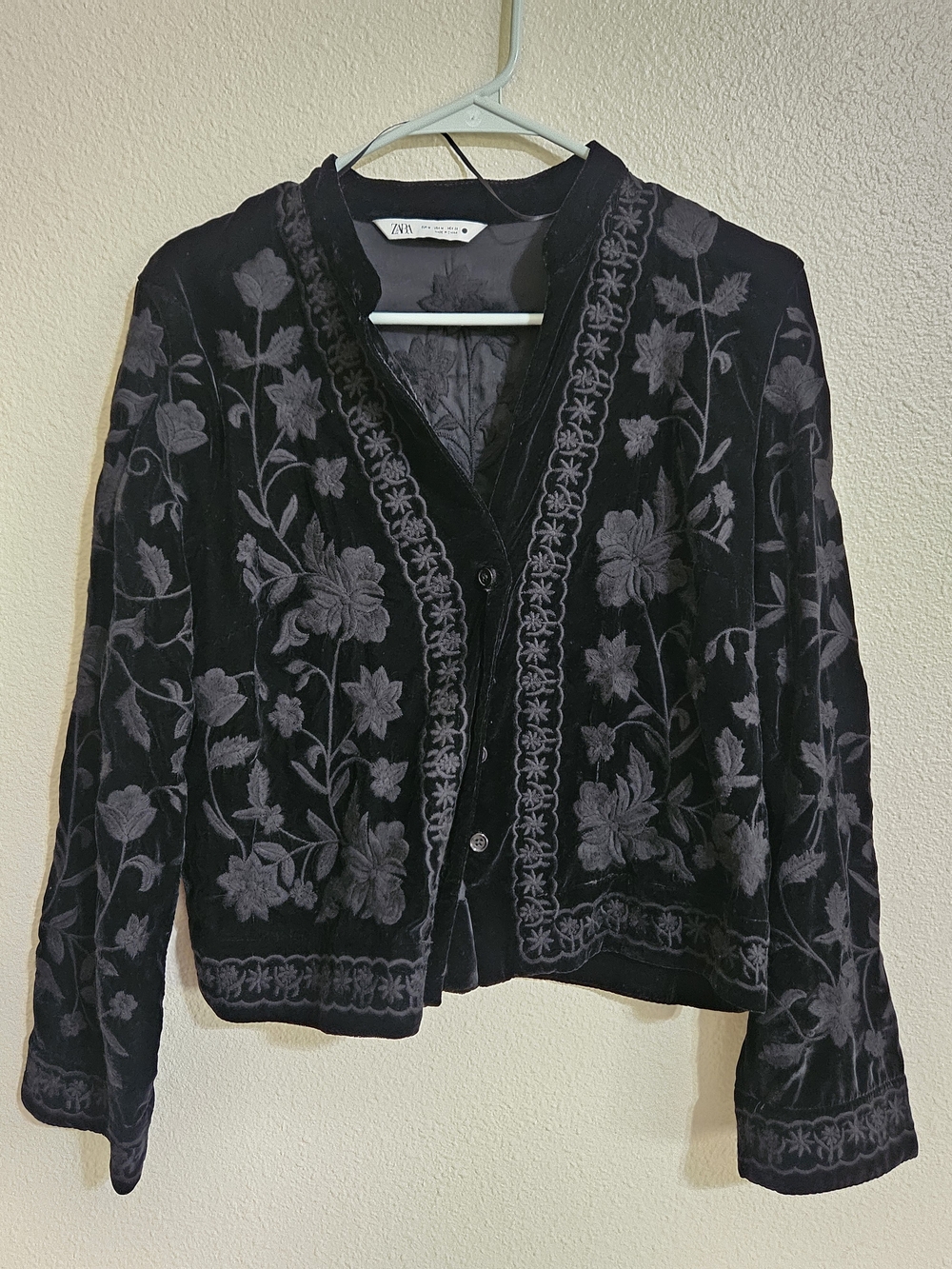 Zara Black Velvet Floral Embroidered Coat